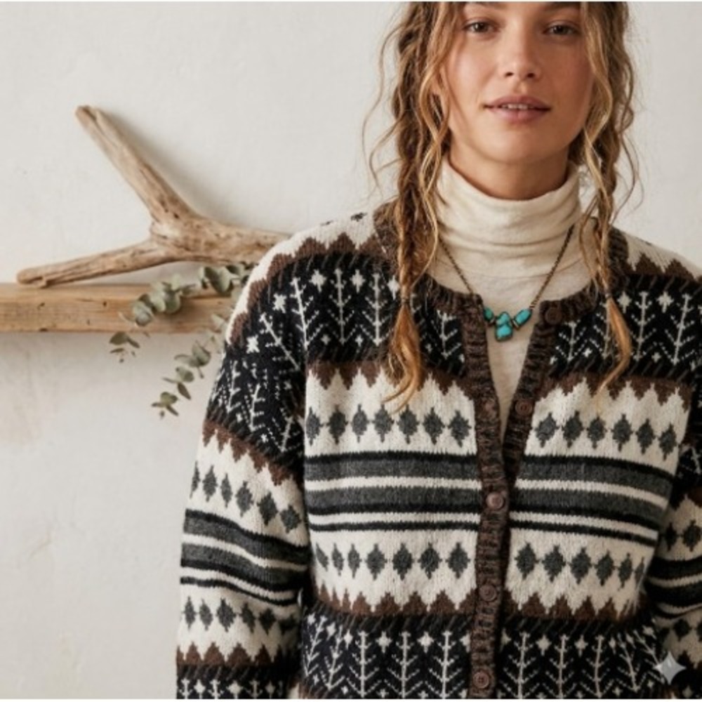 Christopher & Banks Hand Embroidered Vintage Cottagecore Fair Isle Cardigan M